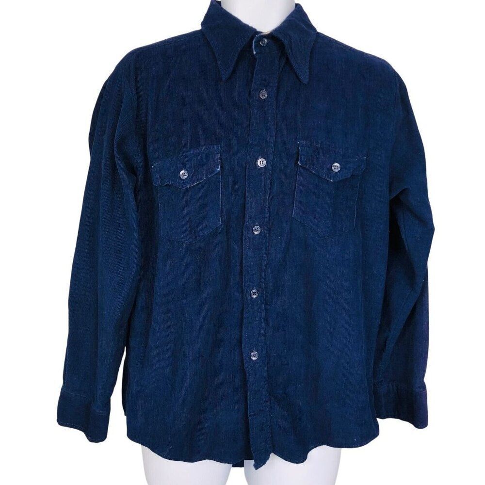 Vintage 70s Klines Corduroy Mens Shirt L 16-16.5 Blue Long Sleeve Plaid Lining